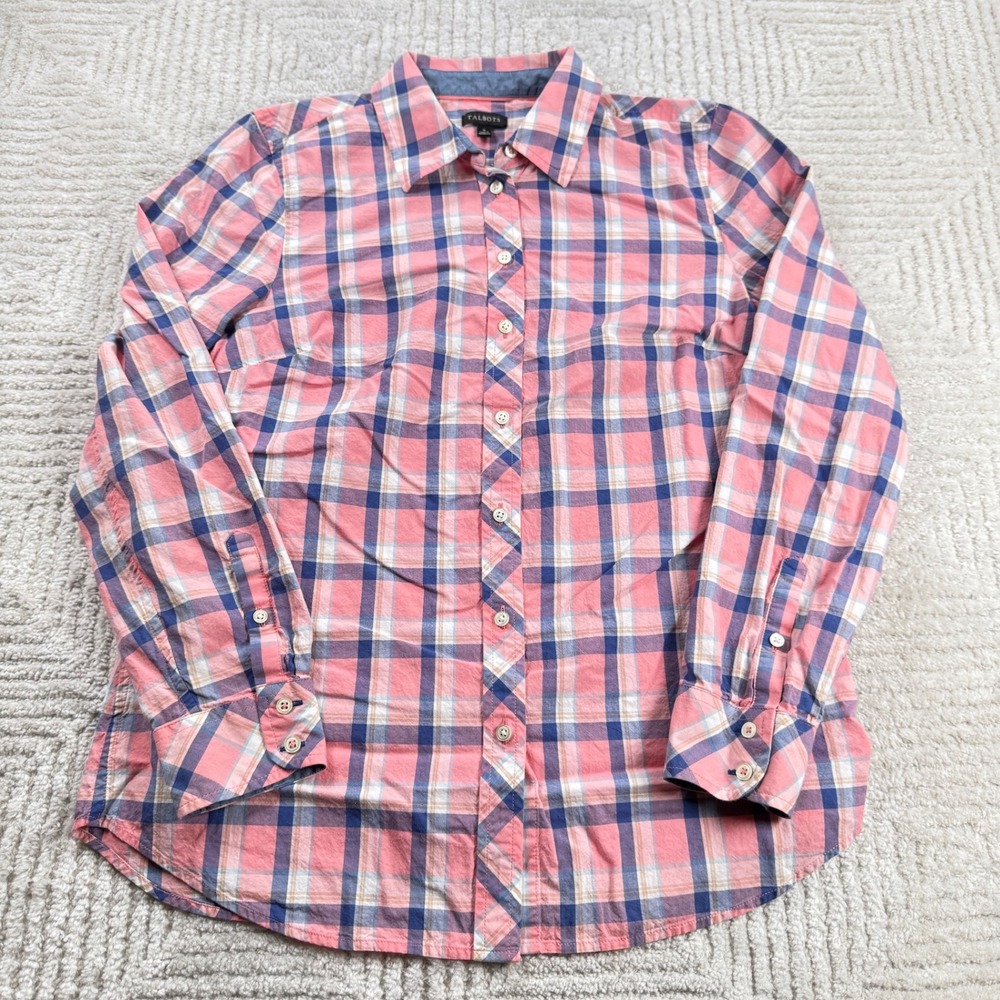Talbots Plaid Button Shirt Womens Small Pink Navy Blue Cotton Preppy Work Office